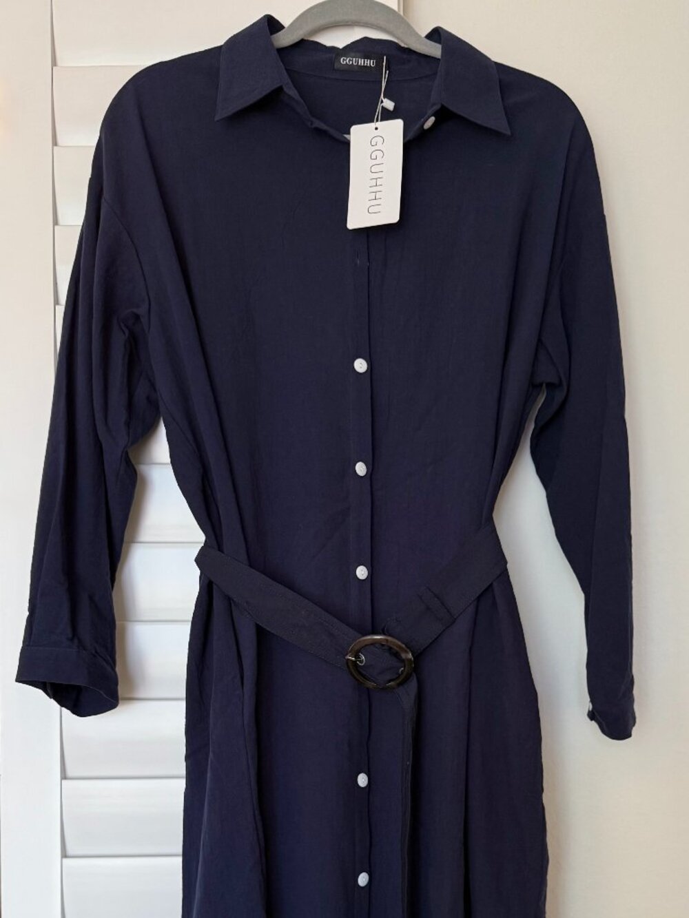 Navy Blue Pocketed Belted Maxi Shirtdress Small New